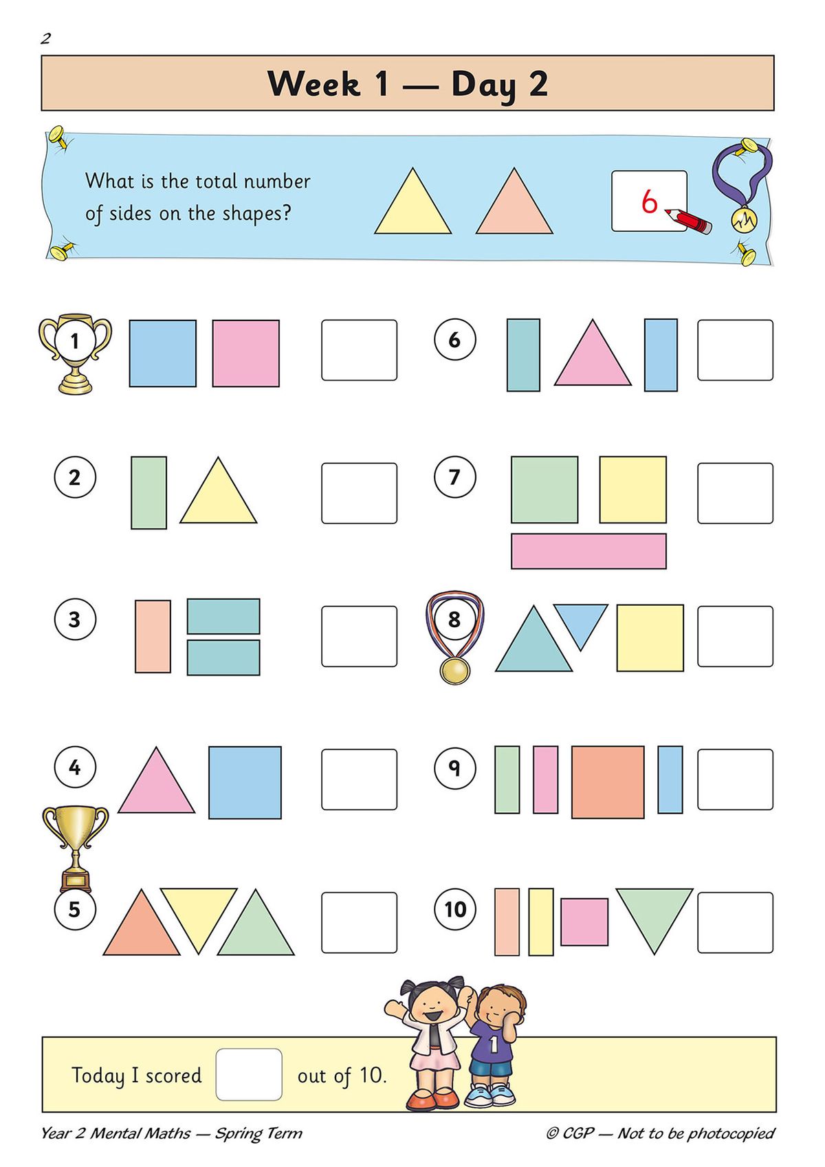 Sample page showing Week 1 Day 2 with shape counting and visual maths challenges