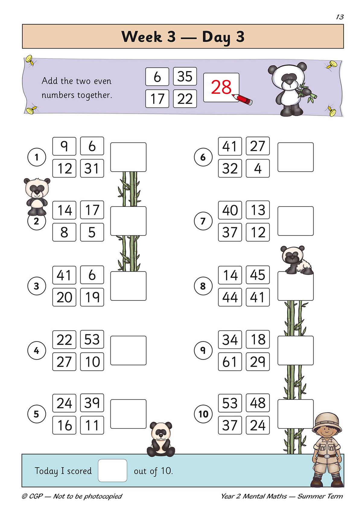 Year 2 mental maths addition page with panda characters and multiple exercises