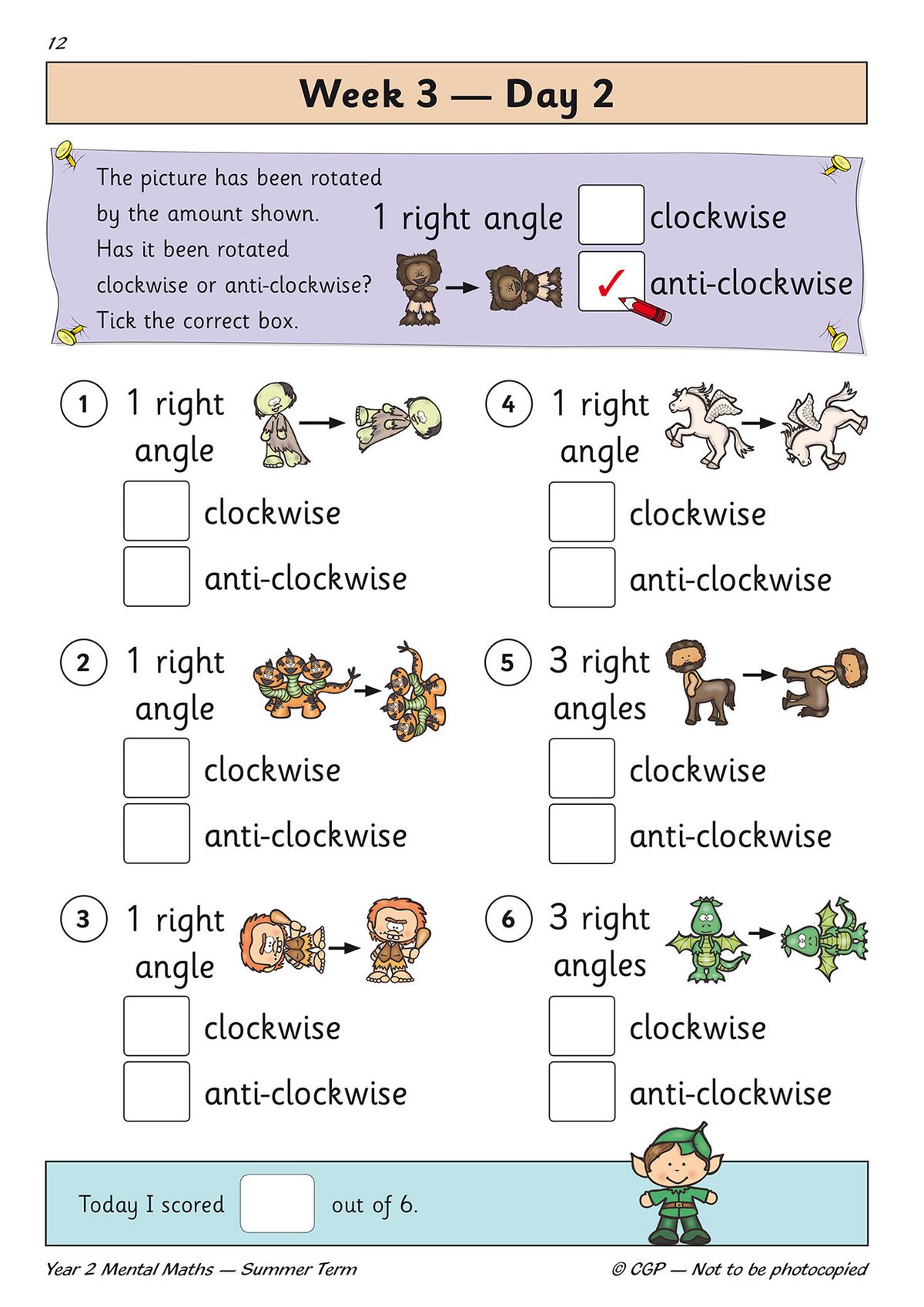 Year 2 mental maths page showing rotation questions with colourful characters