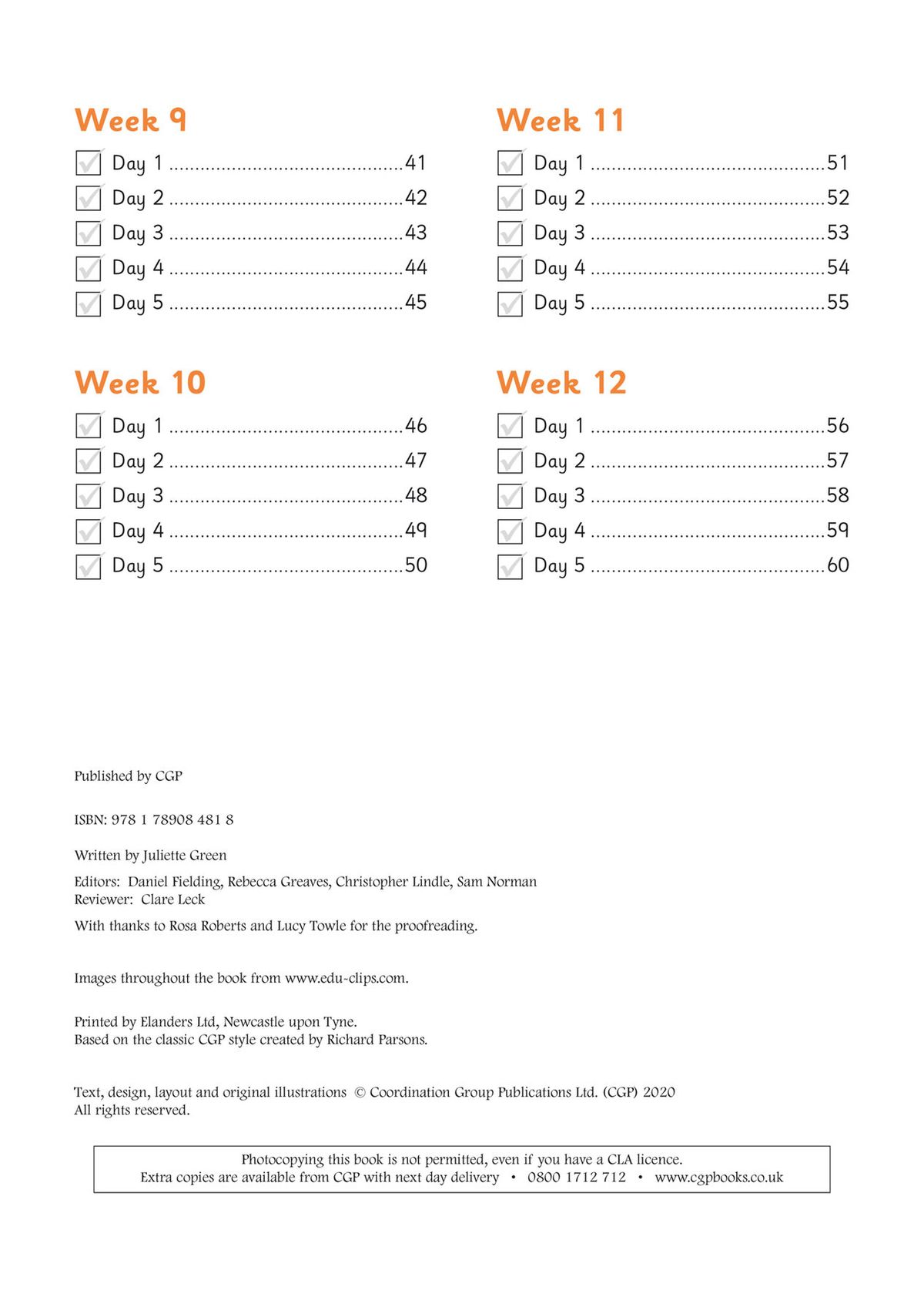 Workbook contents page showing weekly schedule layout
