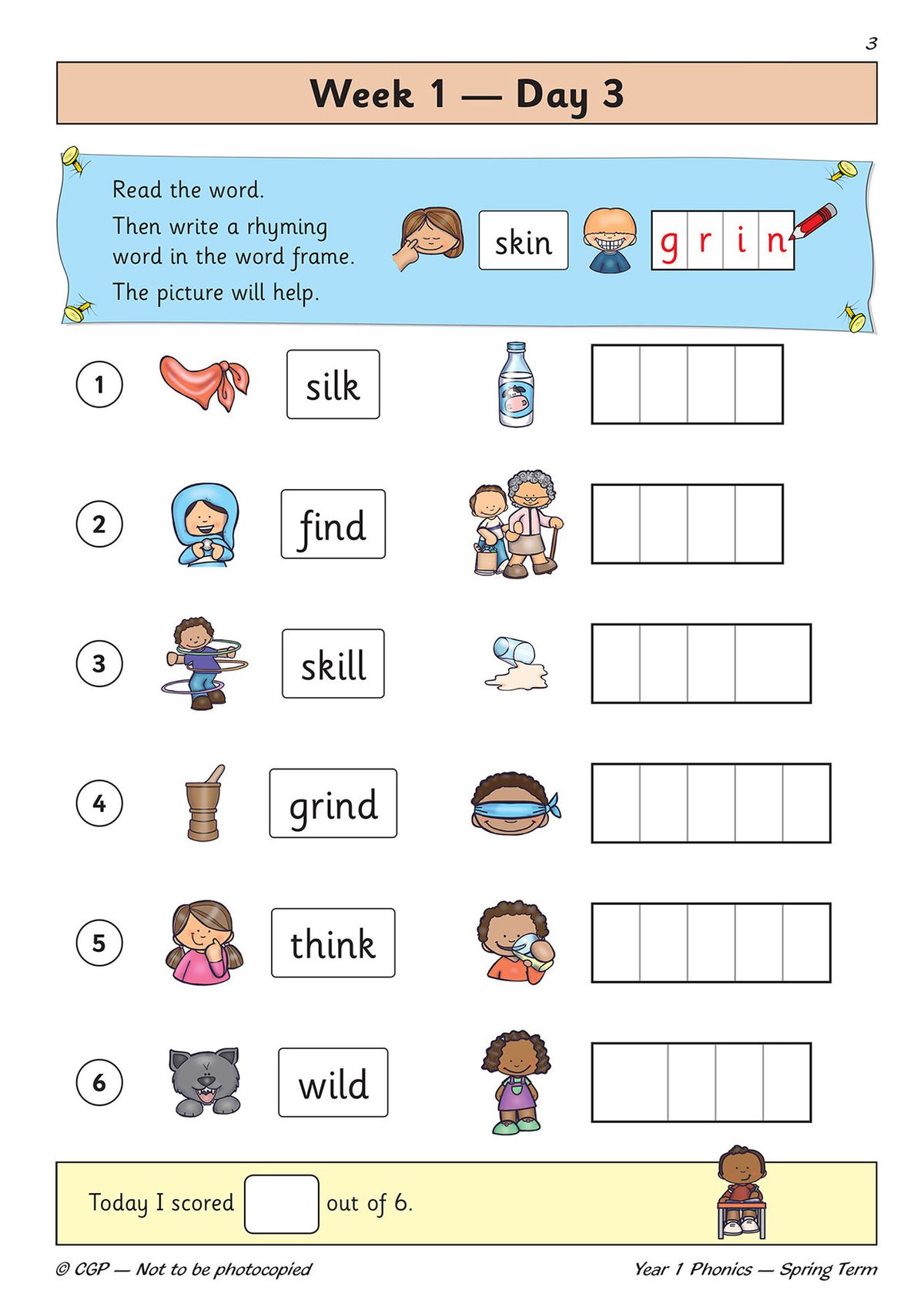 Sample page showing Week 1 Day 3 rhyming word activity
