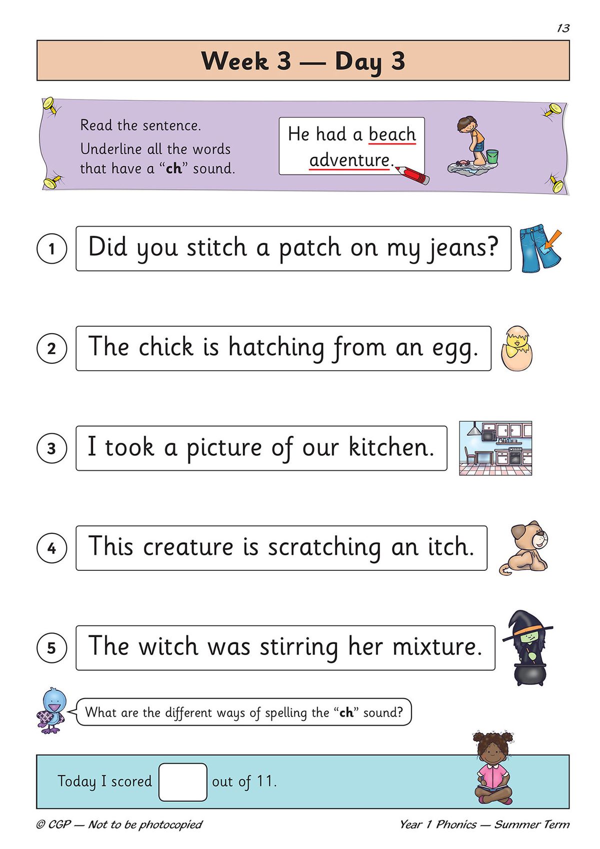 Sample page showing 'ch' sound phonics activity with sentences to underline