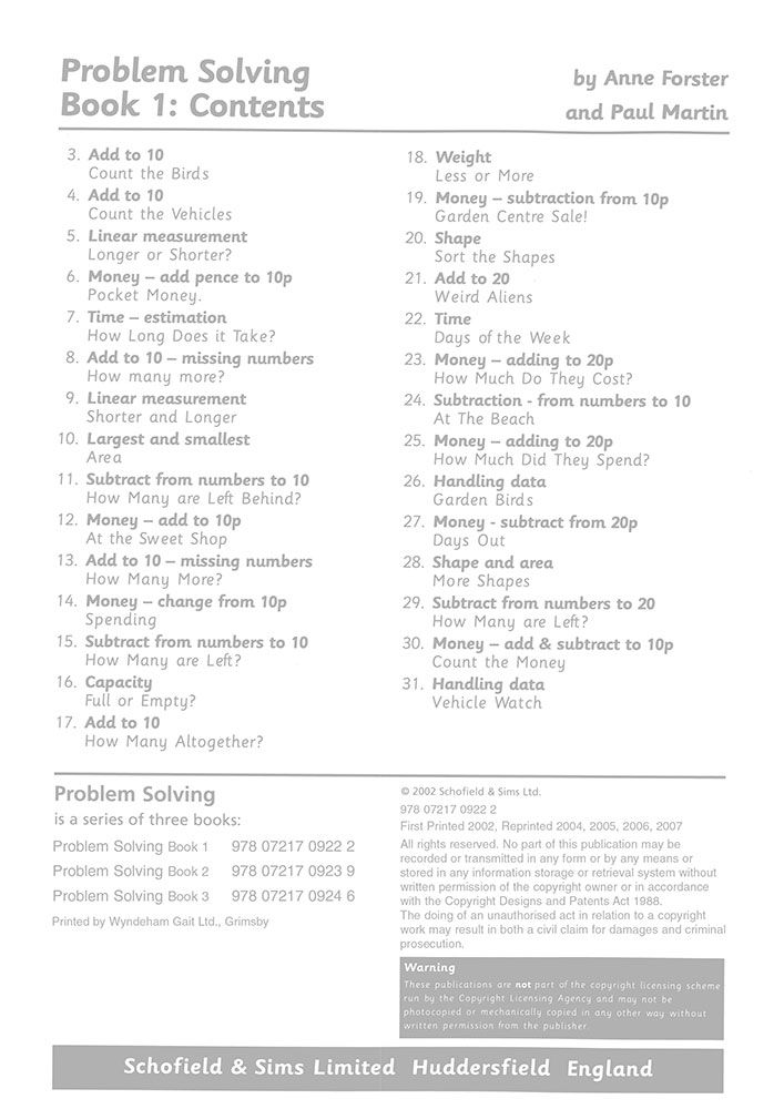 Contents page listing 31 problem-solving activities covering money, time, shapes, measurement and data handling