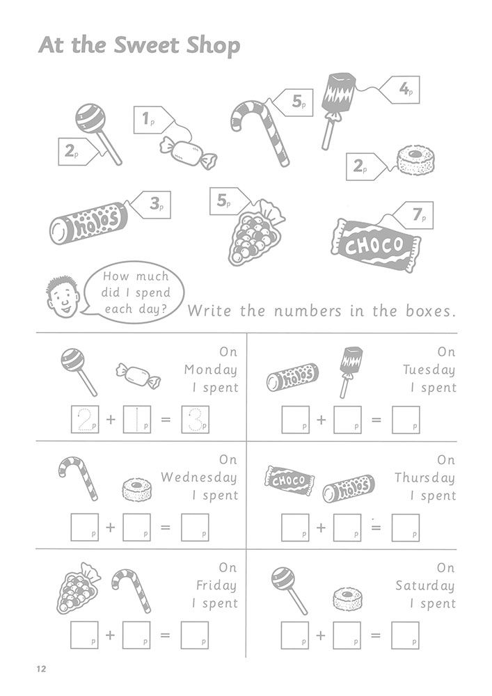 Sample page showing a sweet shop money problem with illustrated sweets and price labels