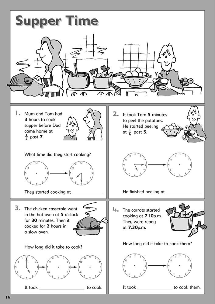 Supper time themed page with clock and time calculation problems