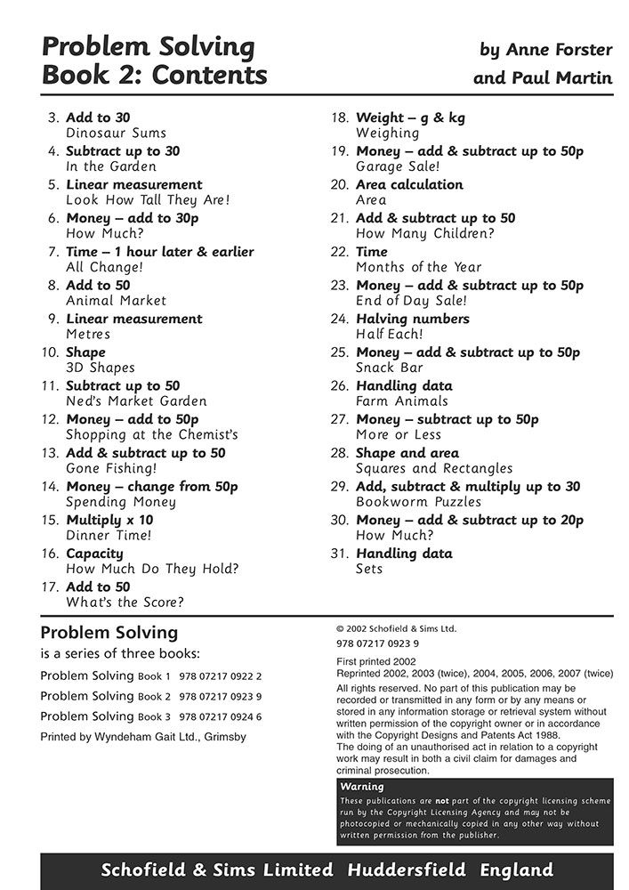 Contents page of KS1 Problem Solving Workbook 2 showing 31 topics