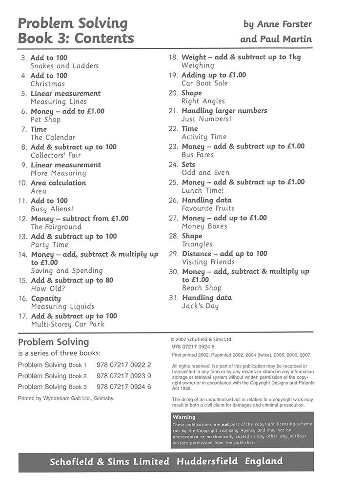 Contents page of KS1 Problem Solving Workbook 3 listing topics including addition to 100, money skills, and shape