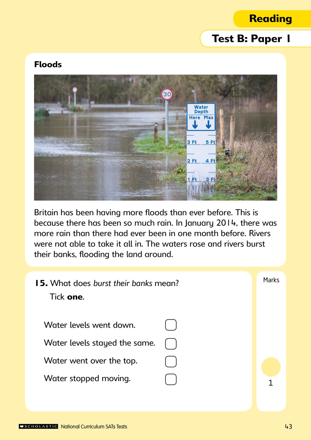 Sample page from KS1 Reading SATs practice test showing a comprehension passage about floods with multiple-choice questions