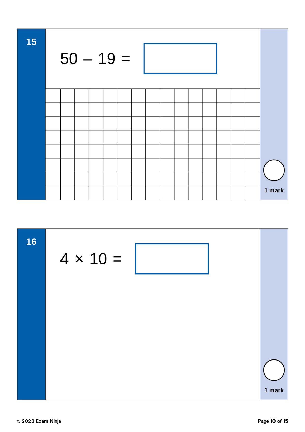 Sample arithmetic paper showing subtraction and multiplication questions with answer boxes