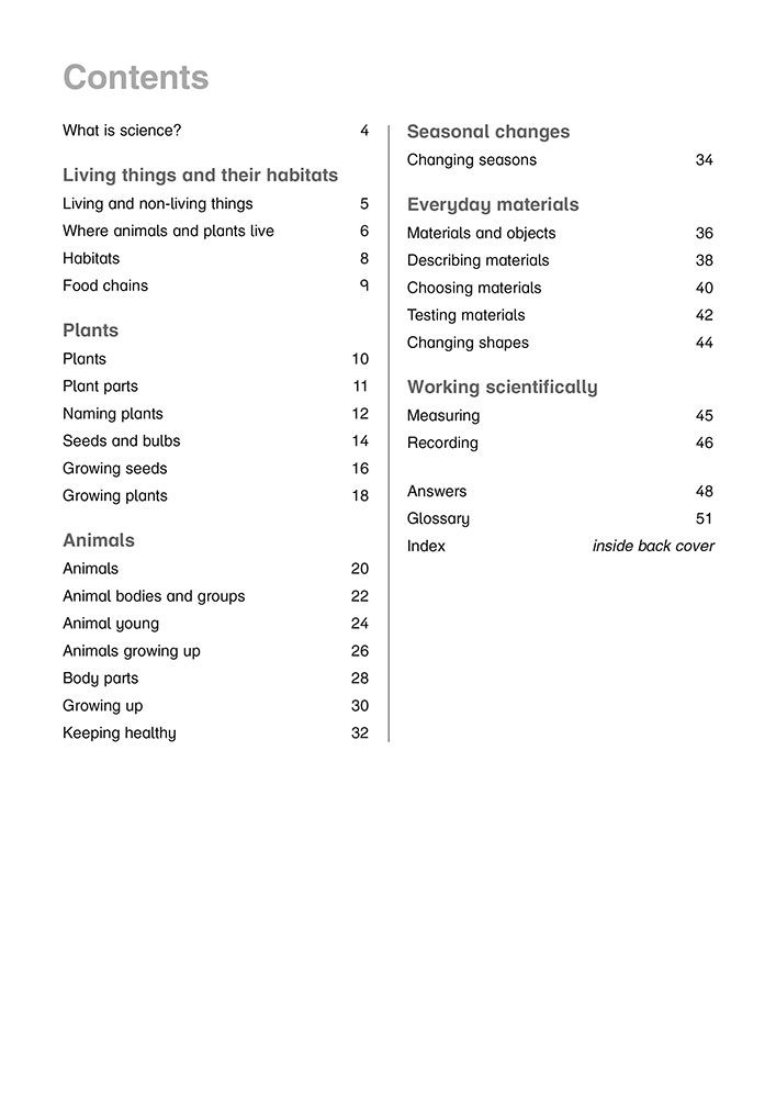 Contents page showing the full range of science topics covered