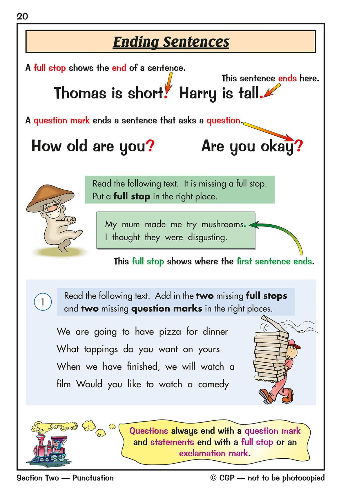 Ending sentences practice page showing full stops and question marks