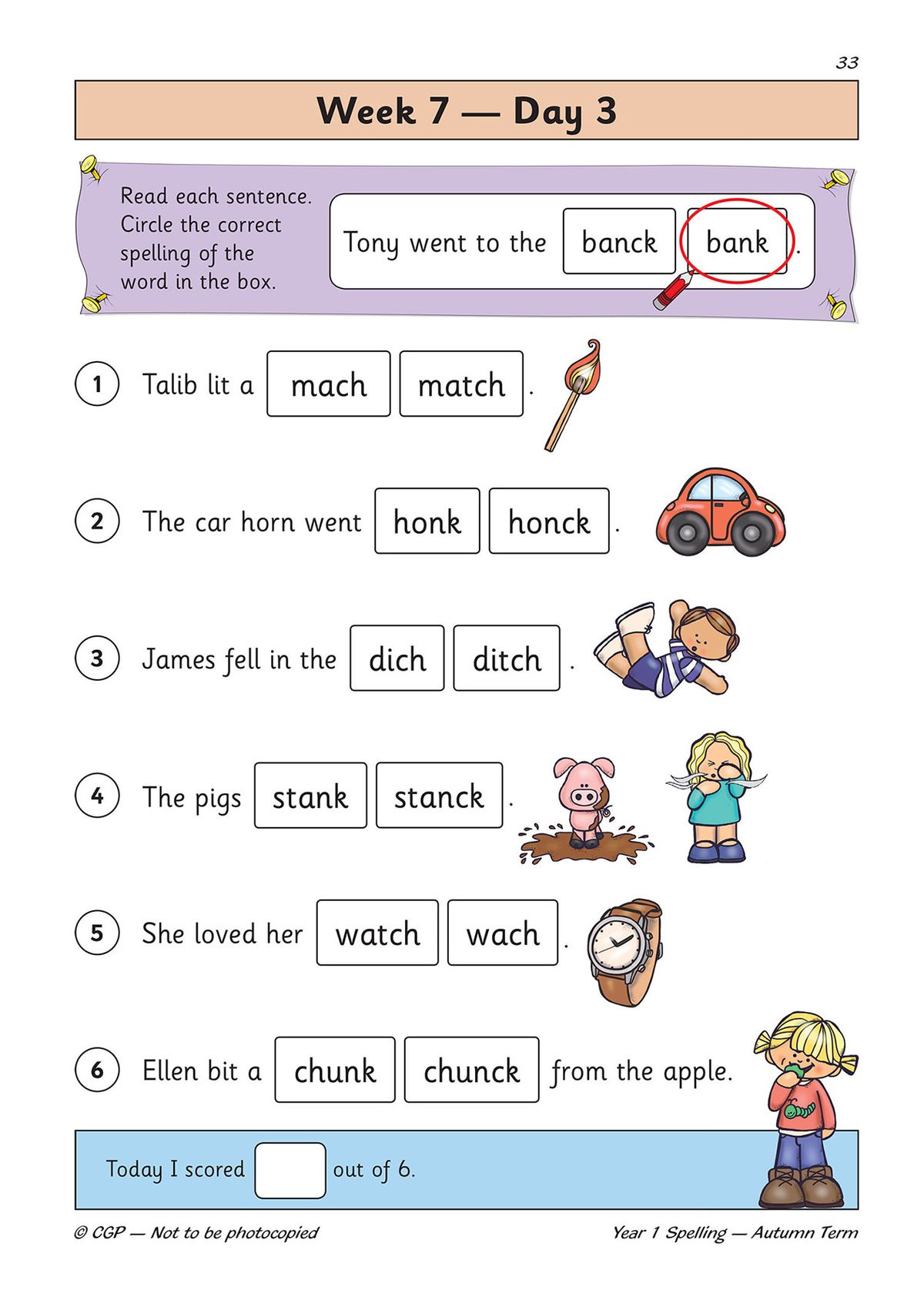 Sample page showing Week 7 Day 3 spelling exercises with sentence-based questions
