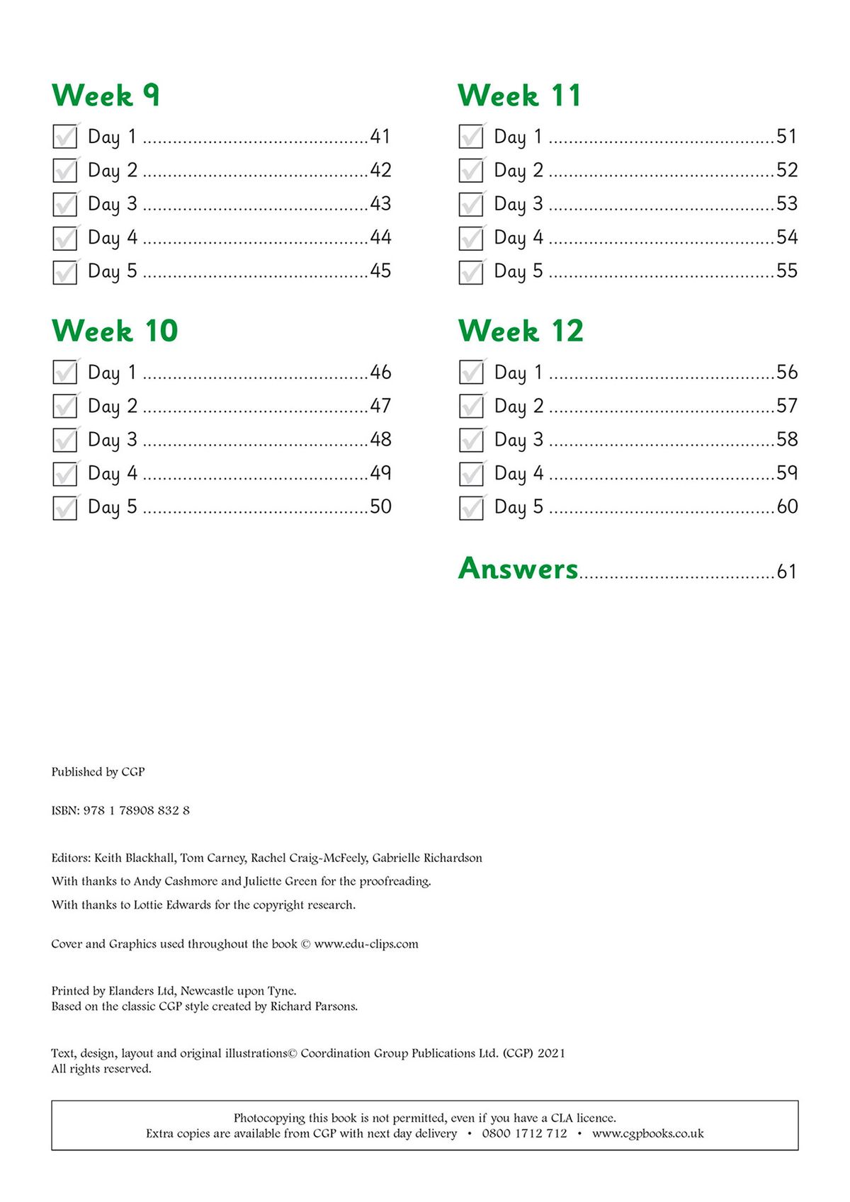 Contents page showing weekly structure with tick boxes and answer section