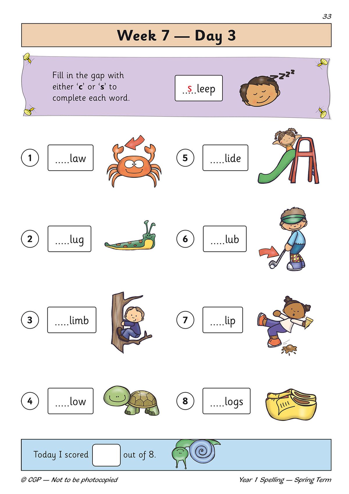 Spelling practice page showing fill-in-the-gap activities with illustrations