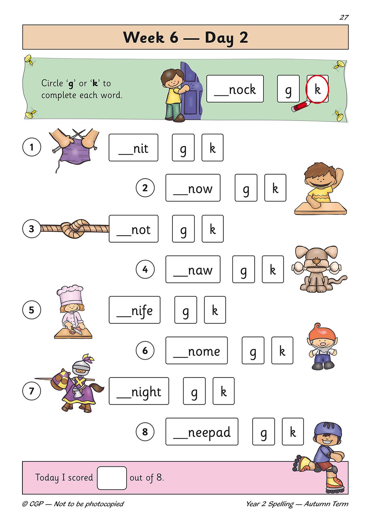 Example page showing 'g' or 'k' spelling choice activities with colourful illustrations