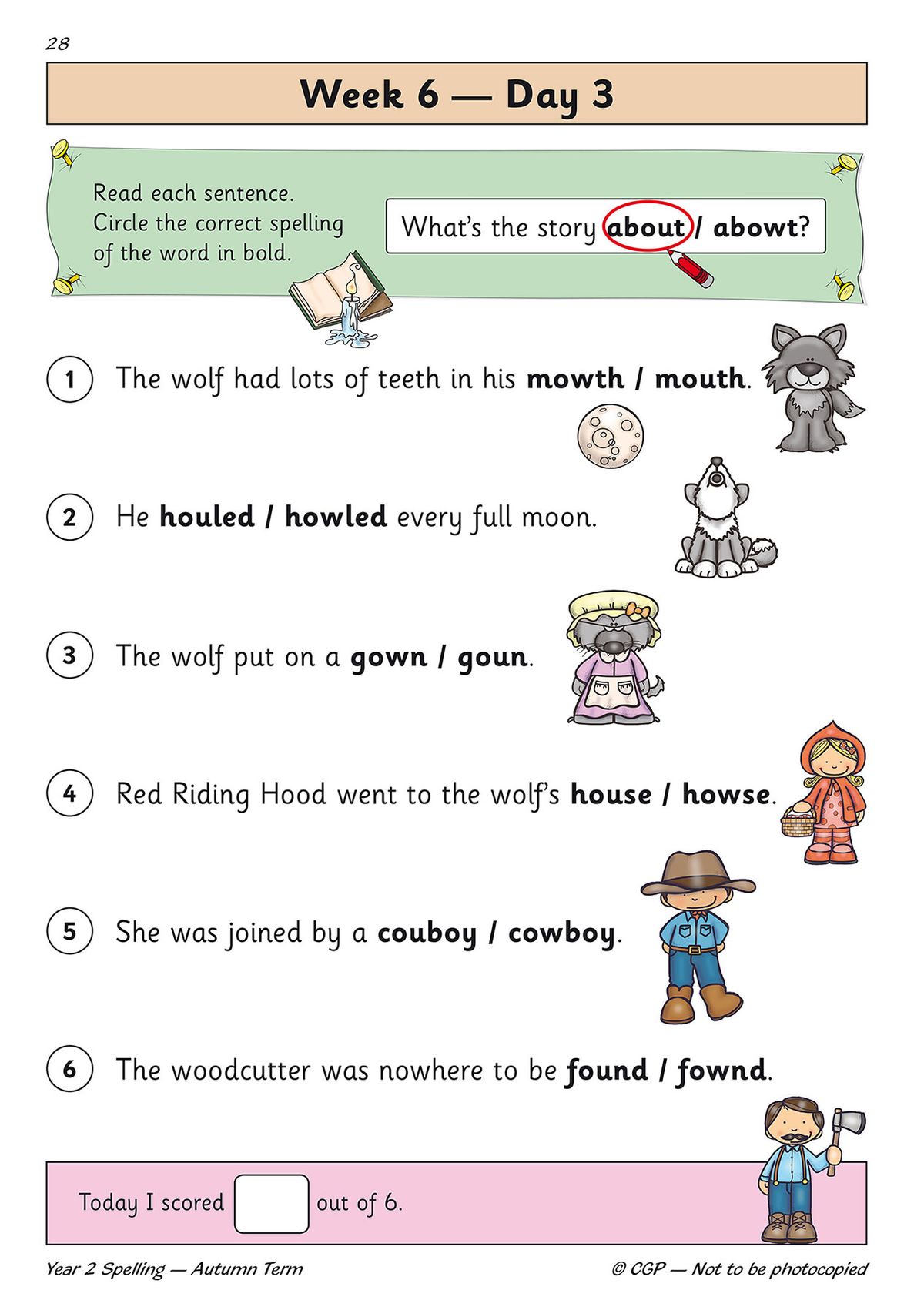 Page showing sentence-level spelling choices with illustrated characters