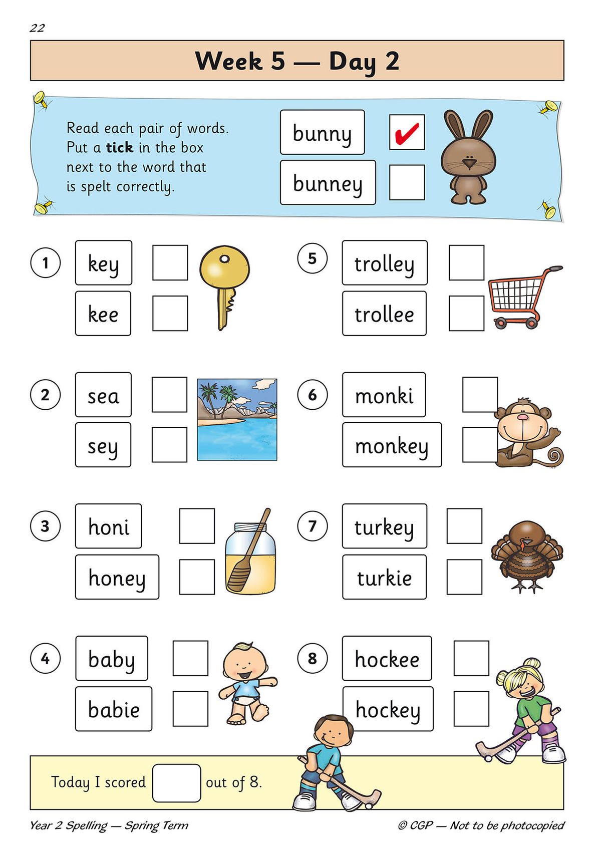 Spelling activity page with word pairs and tick-box exercises