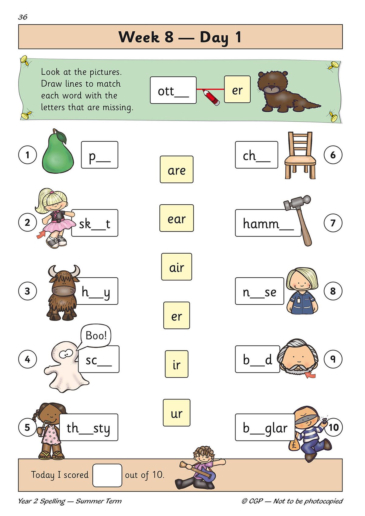 Inside page showing Week 8 Day 1 spelling activities with colourful illustrations