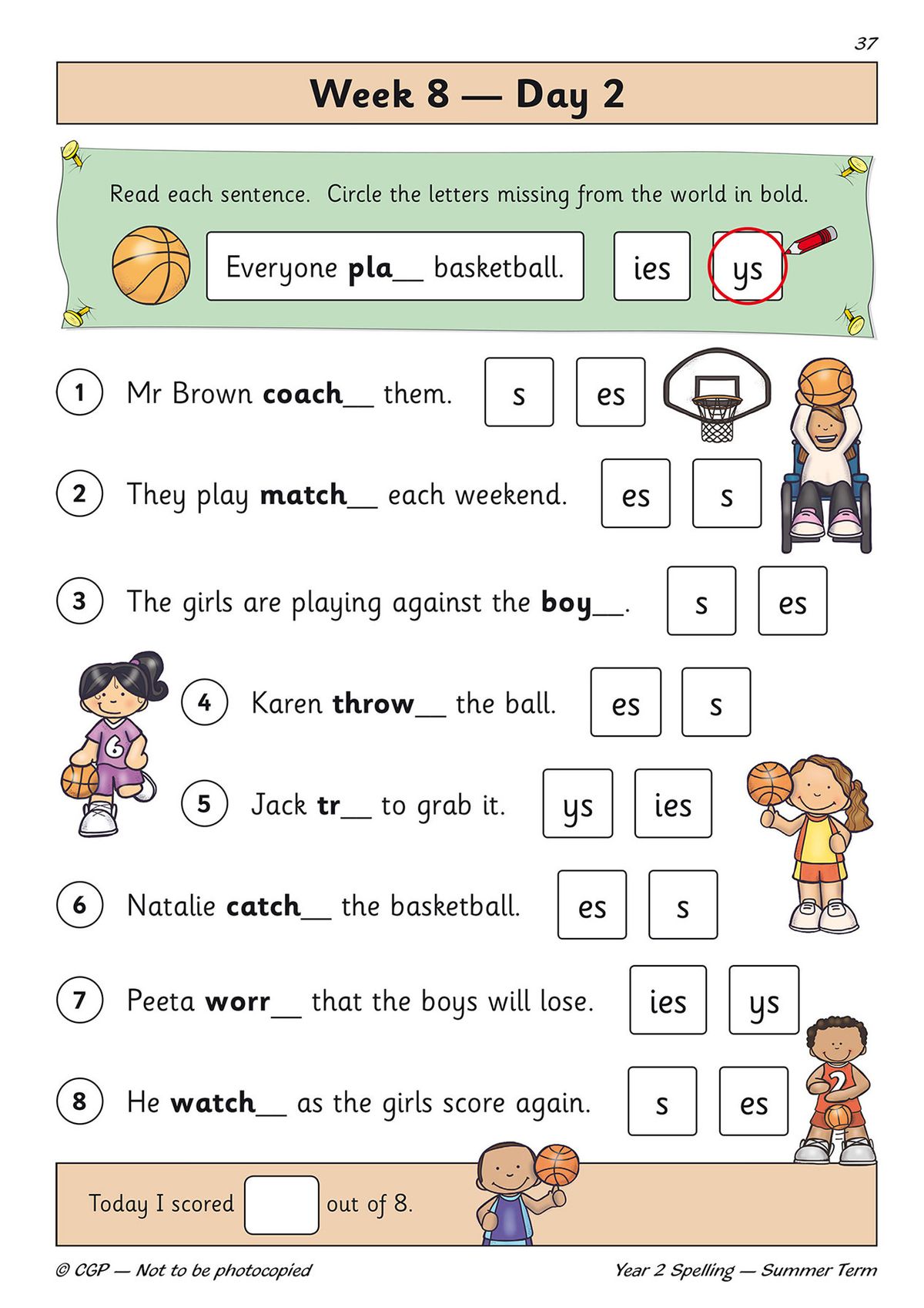 Inside page showing Week 8 Day 2 spelling activities with basketball theme