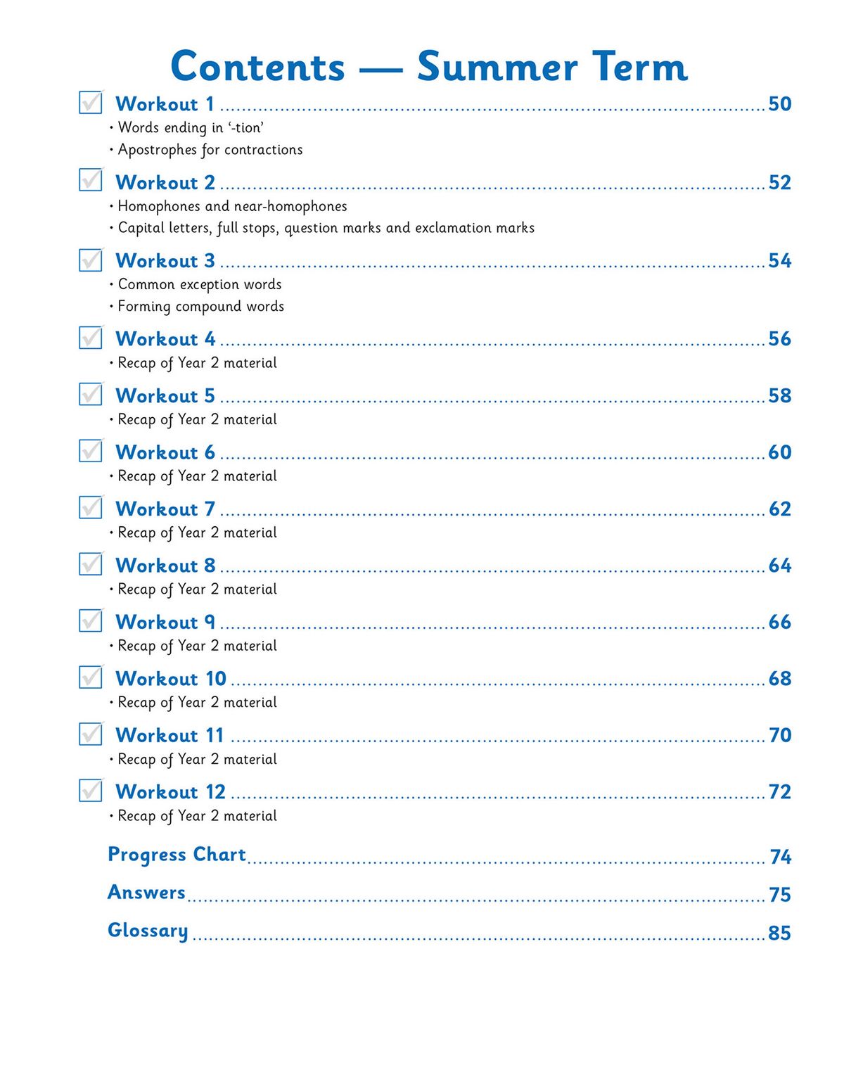 Contents page showing the full list of weekly workouts organised by school term
