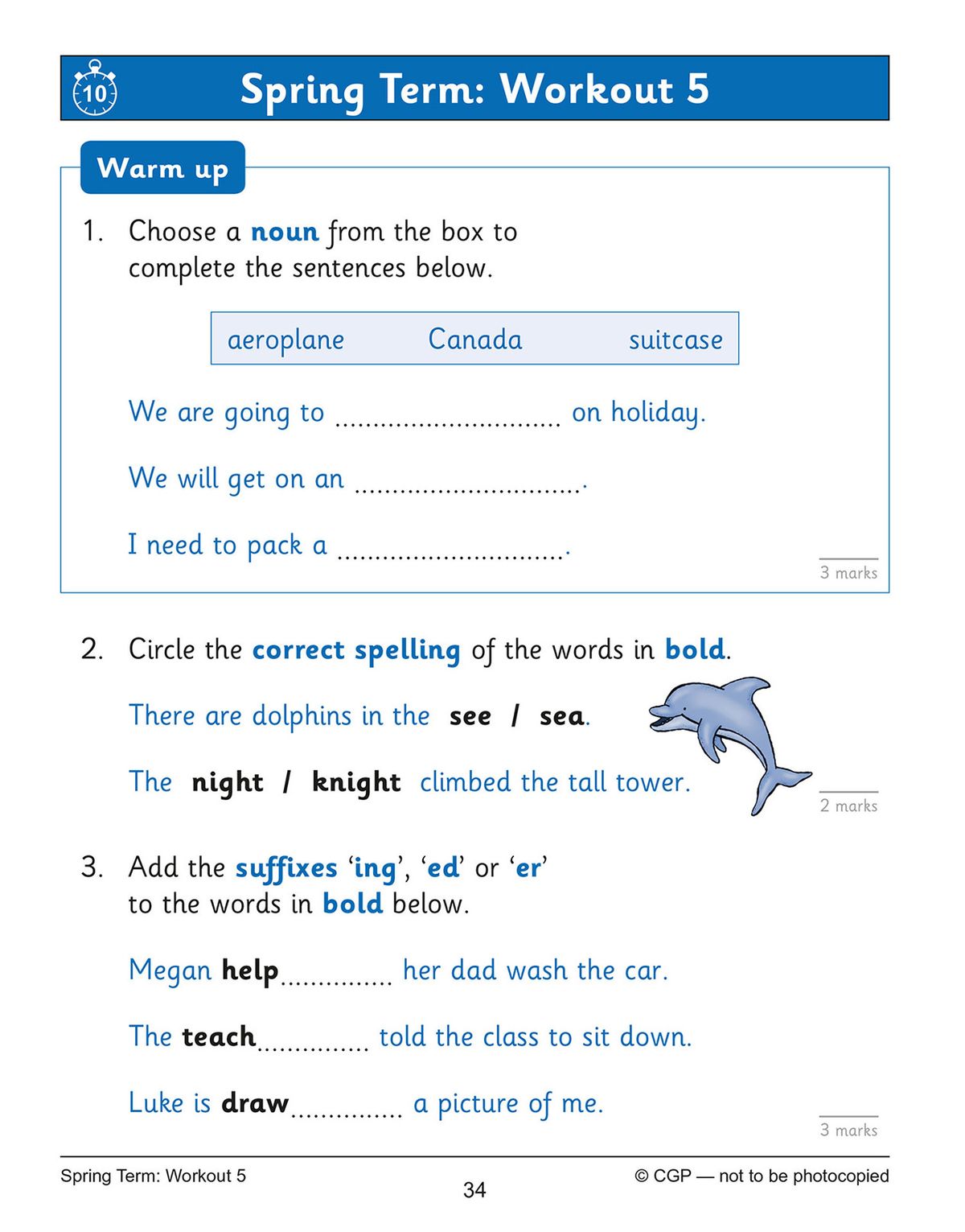 Sample workout page featuring warm-up questions on nouns, spelling and suffixes