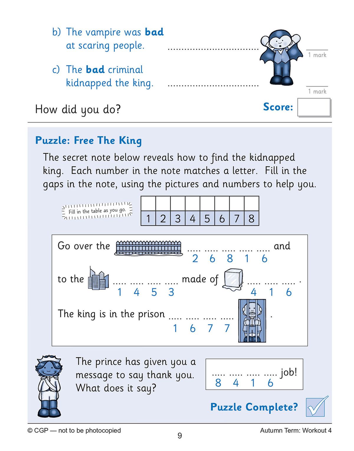 Sample workout page showing spelling practice and vocabulary questions for Autumn Term Workout 4