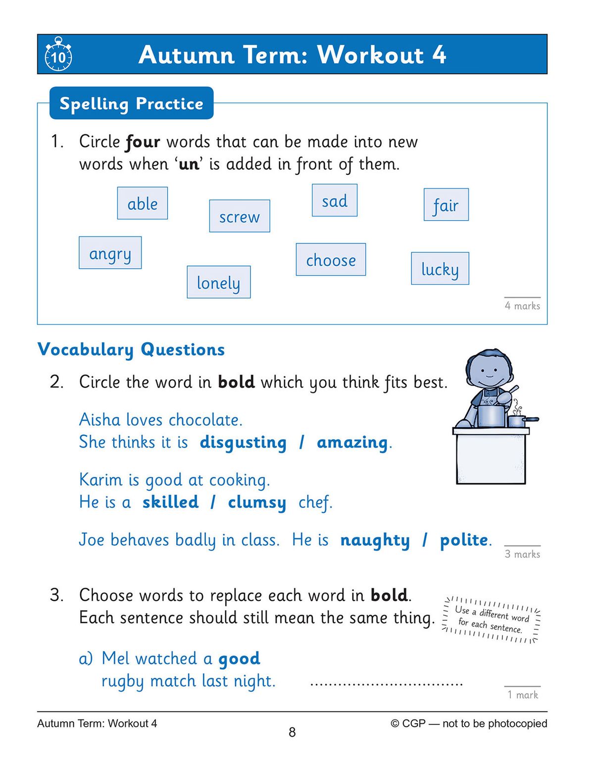 Word puzzle page titled Free The King with numbered clues and illustrations