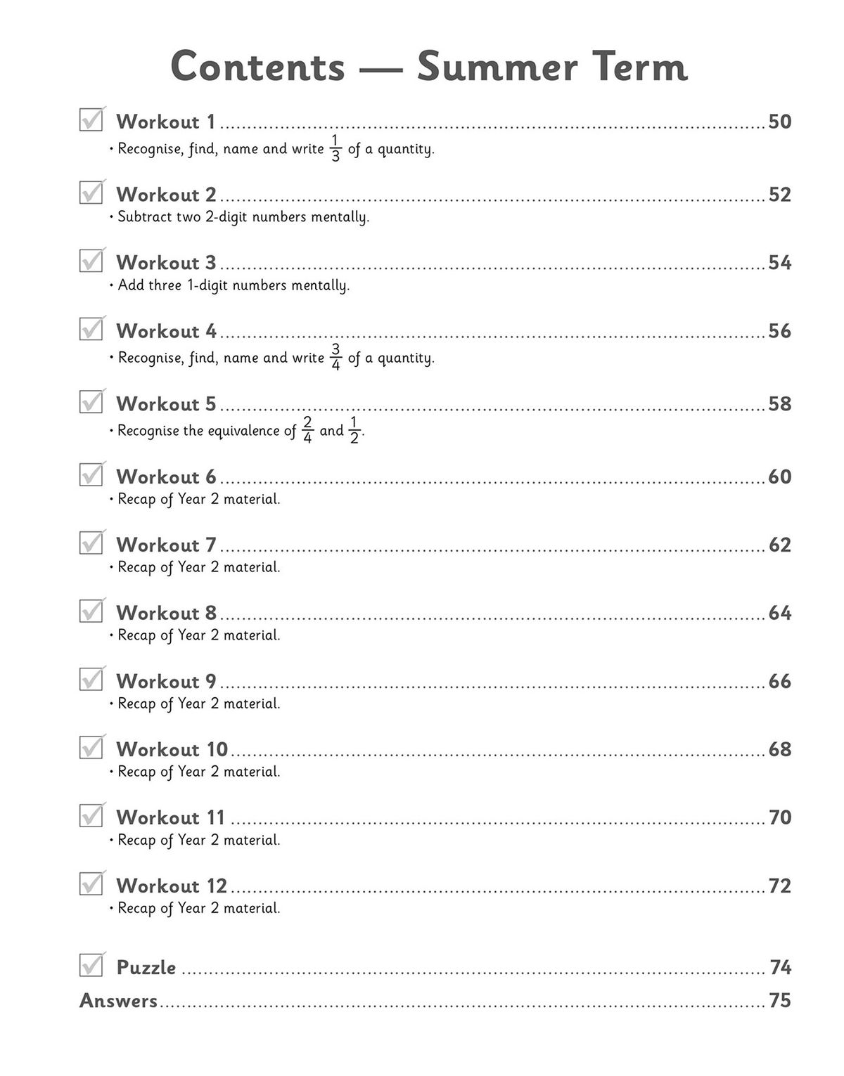 Contents page showing Spring Term workouts covering times tables, mental subtraction, fractions and place value