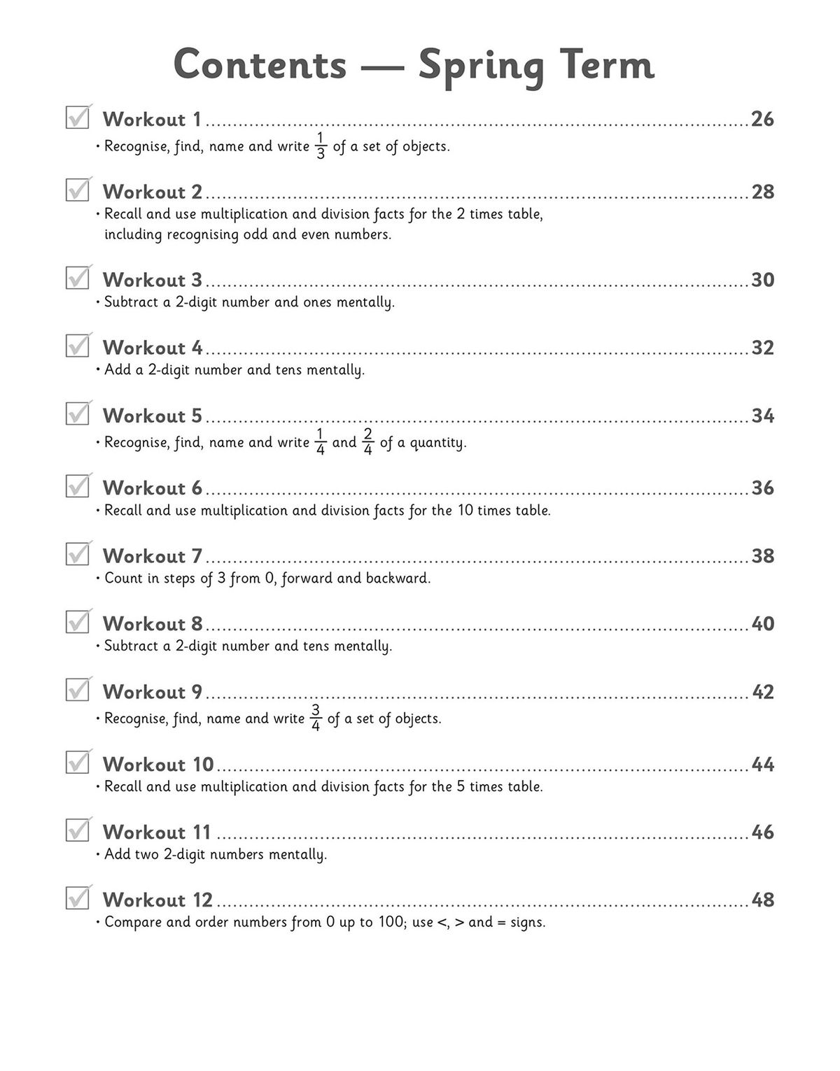 Contents page showing Summer Term workouts covering mental subtraction, addition, fractions and Year 2 recap sessions