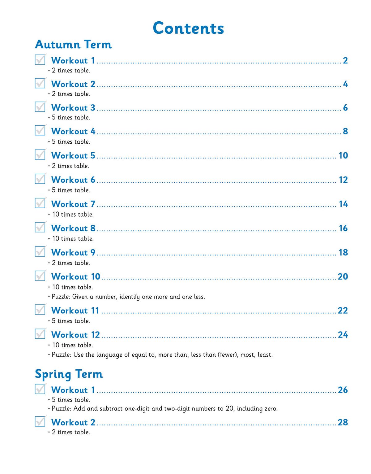 Contents page showing weekly workouts organised by autumn and spring terms
