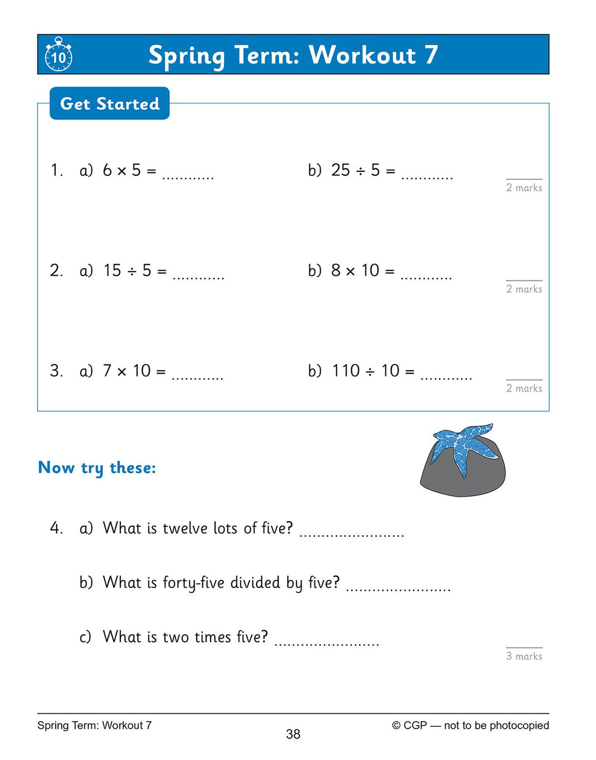 Sample workout page showing multiplication and division questions with word problems