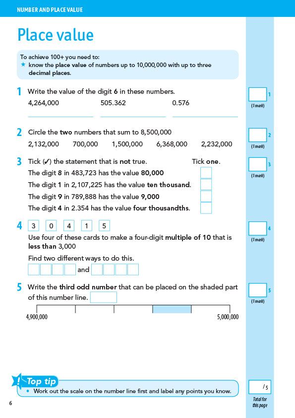 Sample page showing place value questions with Top Tip panel