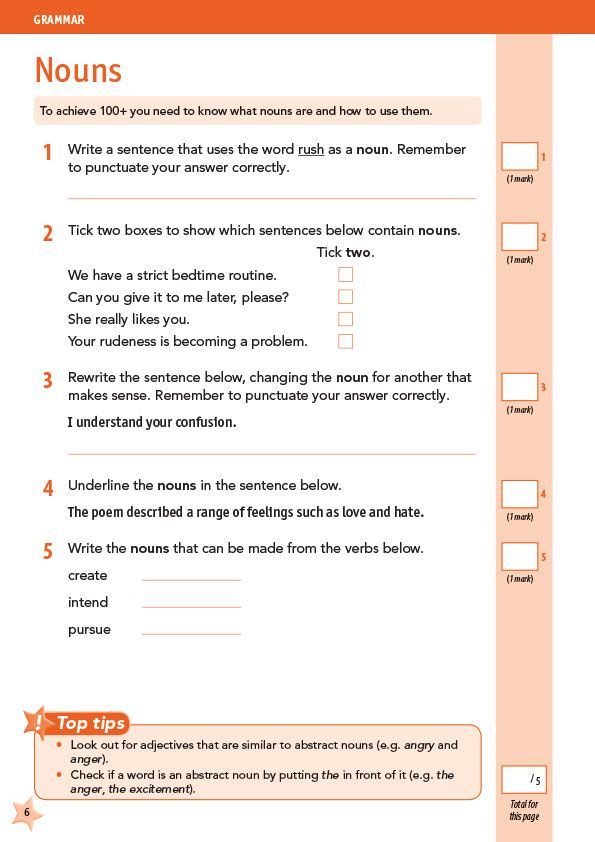 Sample grammar exercise page showing nouns practice questions with Top Tips panel