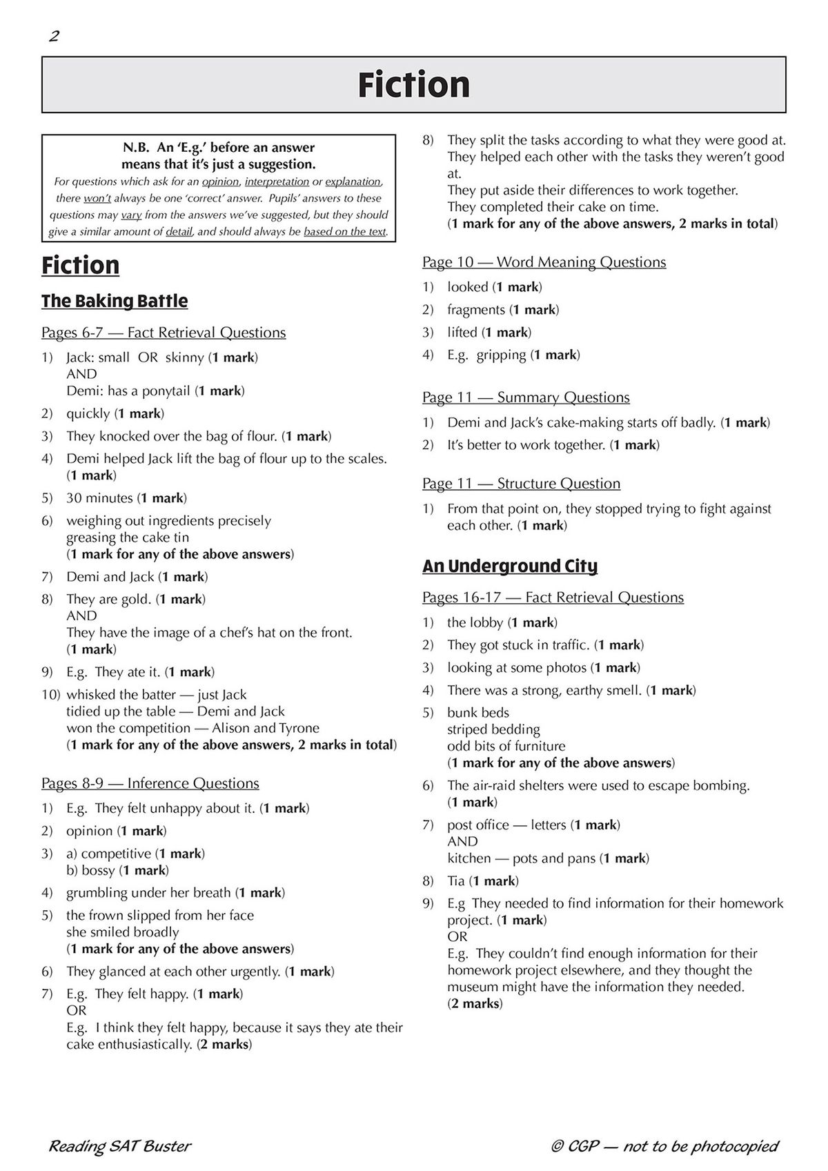 Sample answer page showing mark scheme for fiction comprehension questions