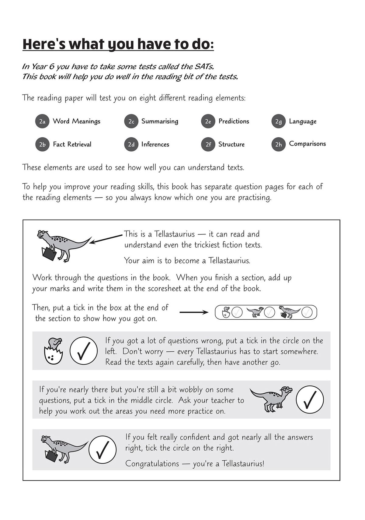 Inside page showing the SAT Buster introduction with eight reading elements and the Tellastaurus mascot