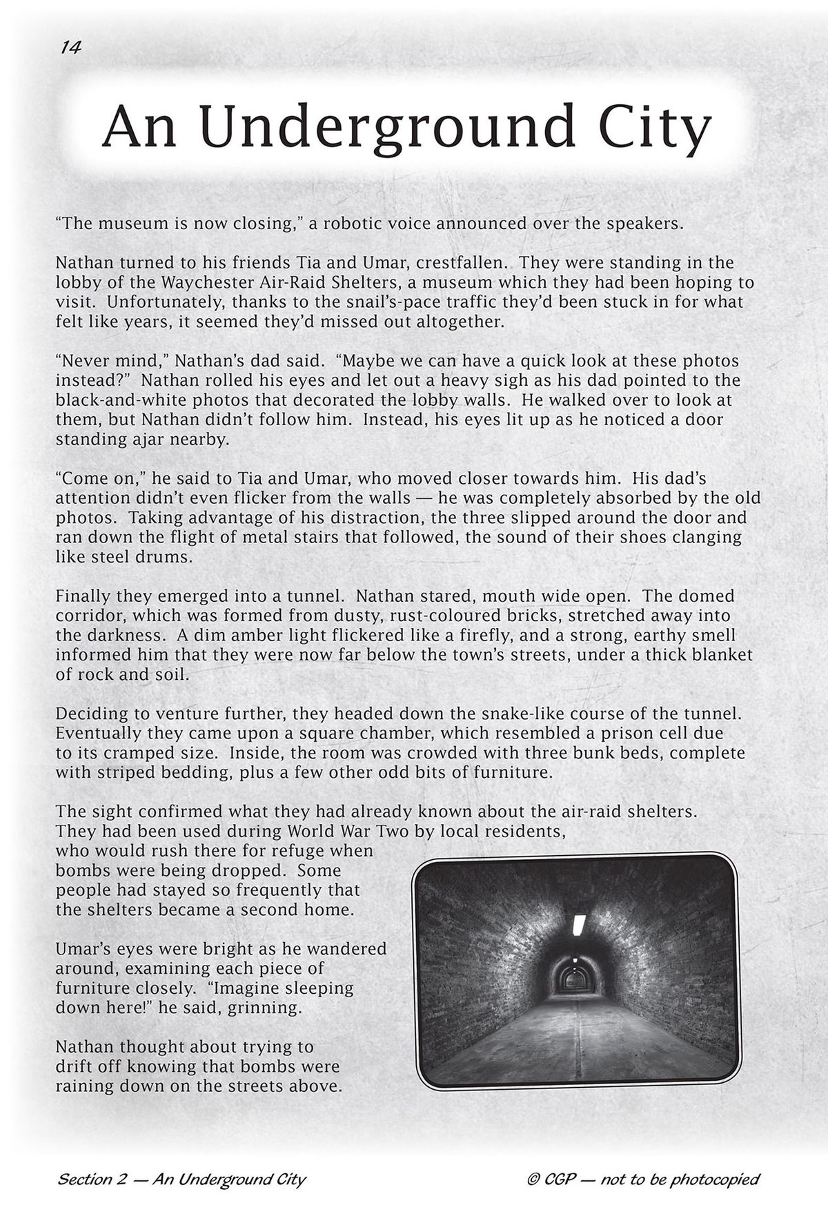 Sample fiction text page titled An Underground City showing a story passage and a photograph of a tunnel
