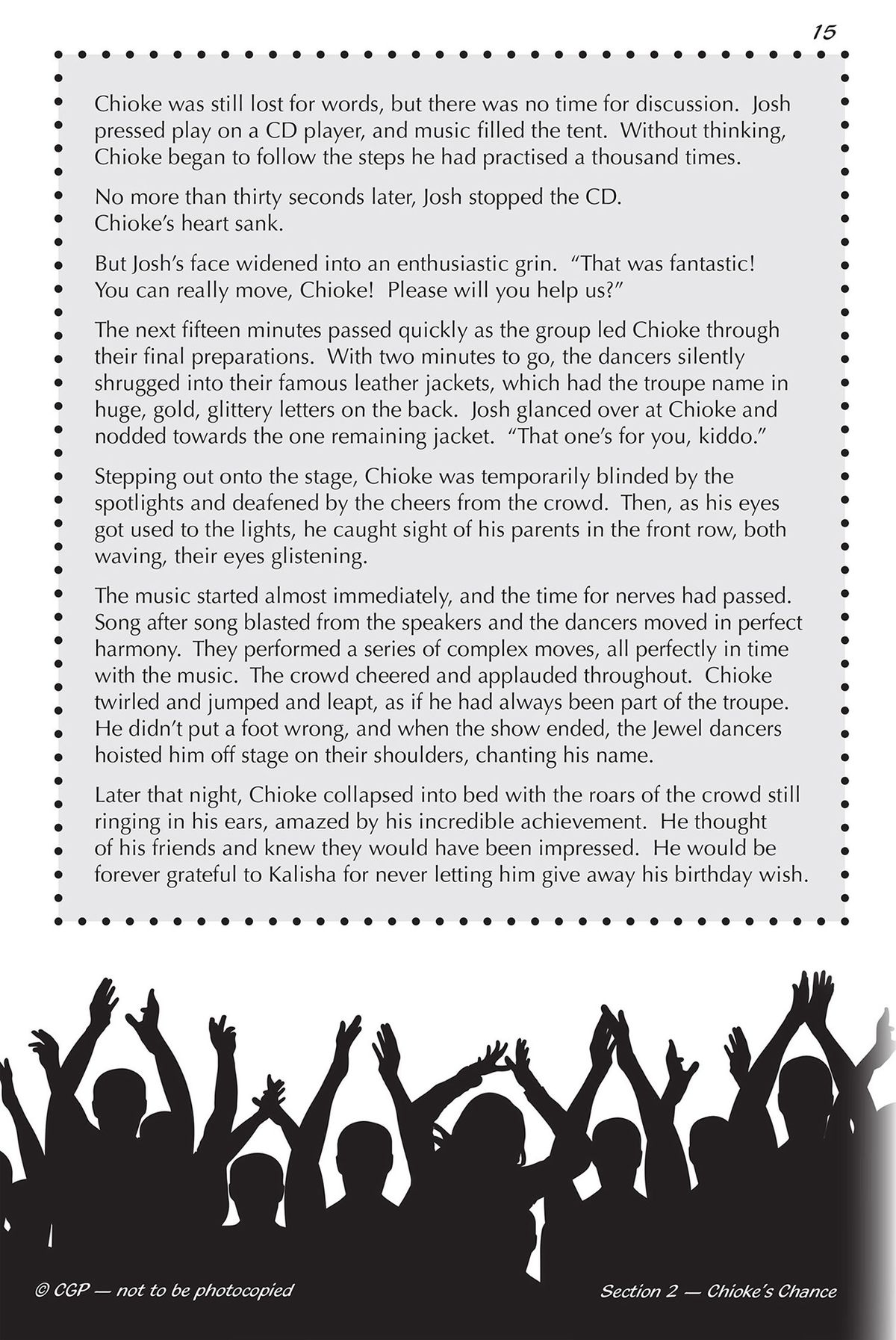 Continuation page of the Chioke's Chance story showing text and crowd silhouette illustration