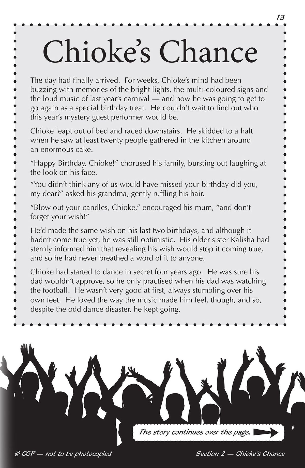 Fiction text page from Book 2 showing a story titled Chioke's Chance with decorative crowd illustration