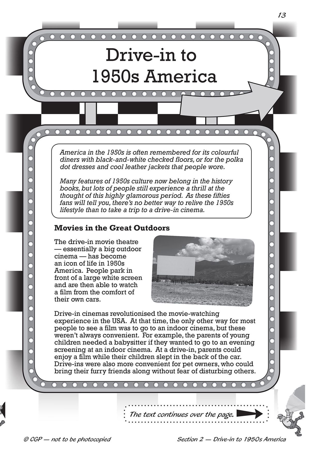 Sample page showing 'Drive-in to 1950s America' non-fiction text with comprehension questions