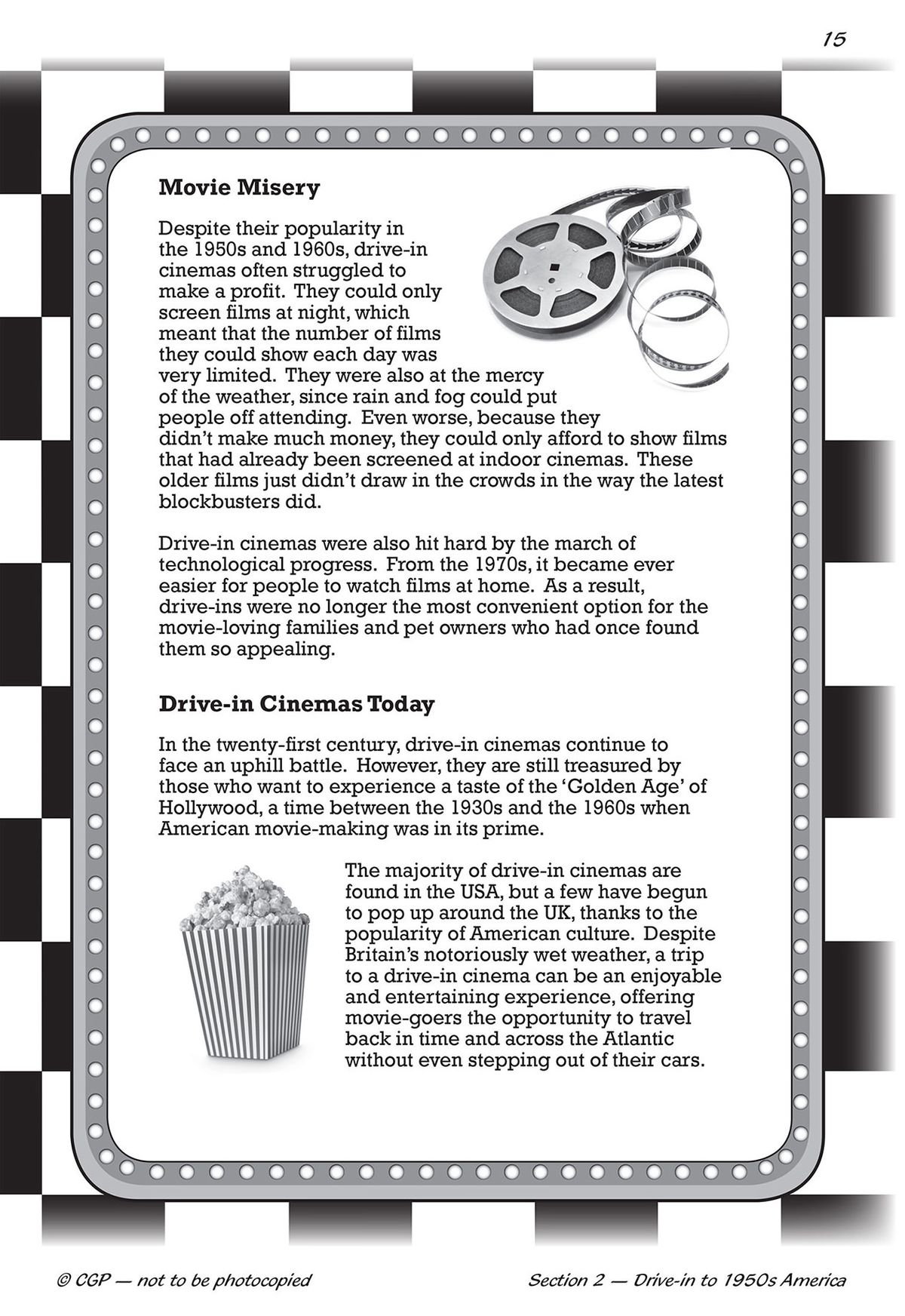 Sample comprehension page showing 'Movie Misery' text with film reel illustration and detailed reading passage