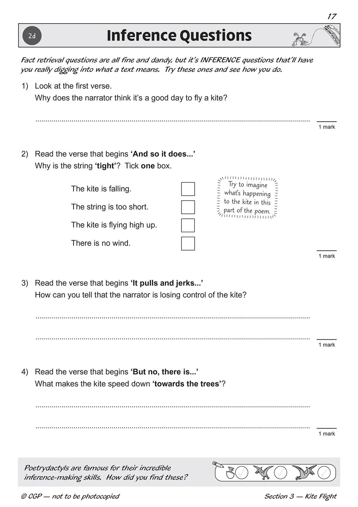 Sample page showing inference questions on a kite poem