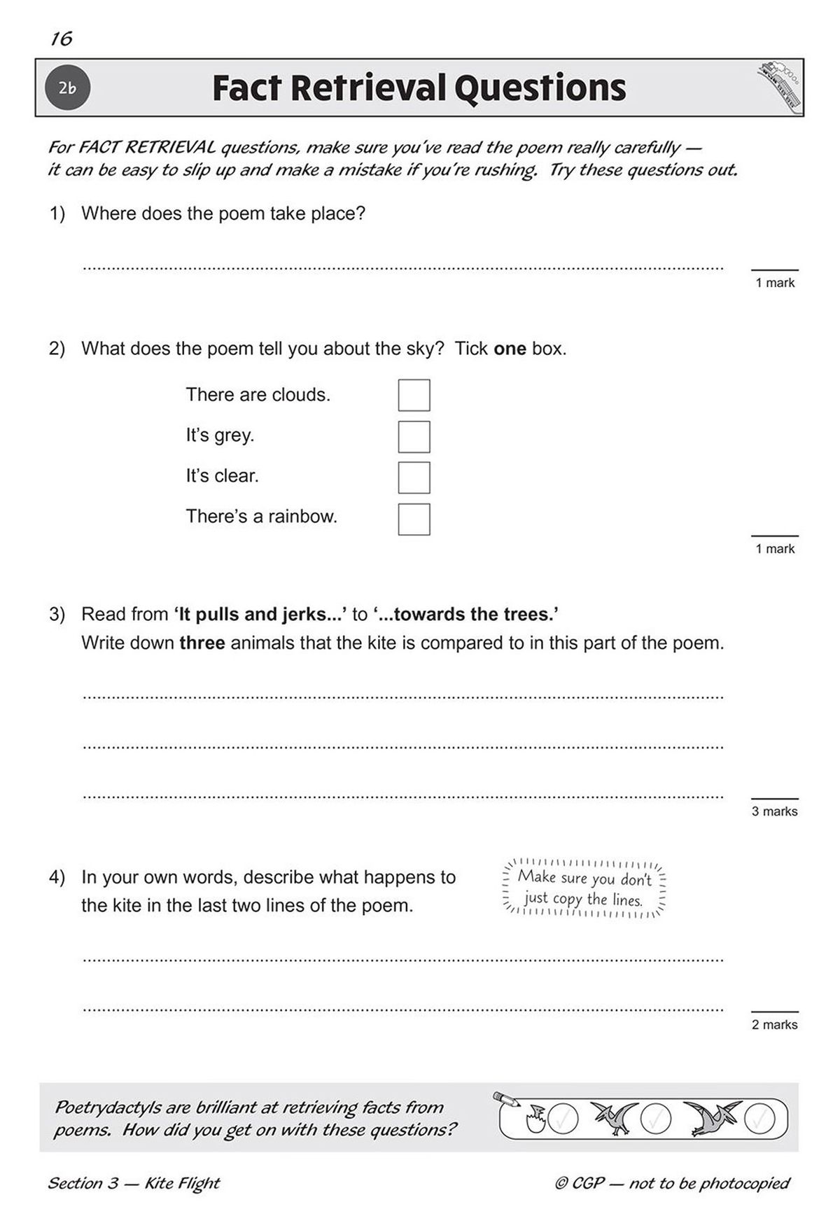 Sample page showing fact retrieval questions on a kite poem