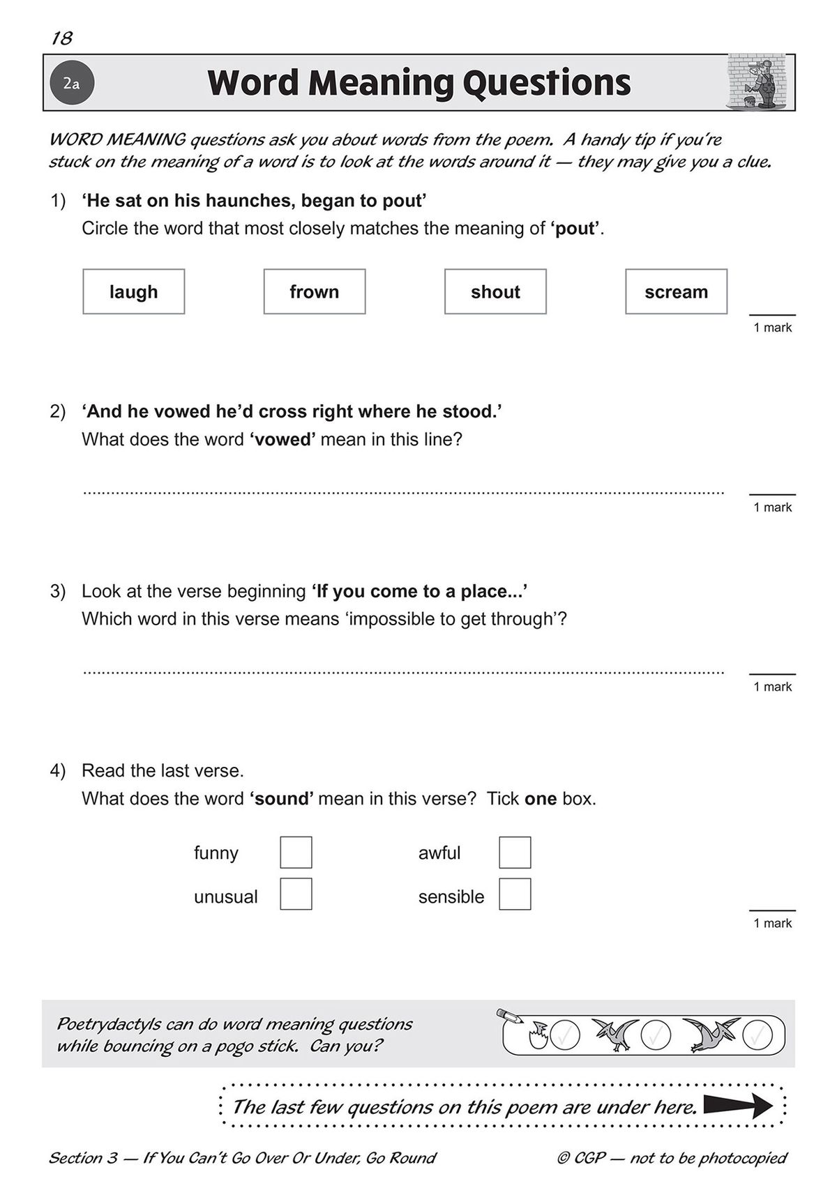 Sample SAT-style word meaning questions in CGP Poetry Book 2 workbook