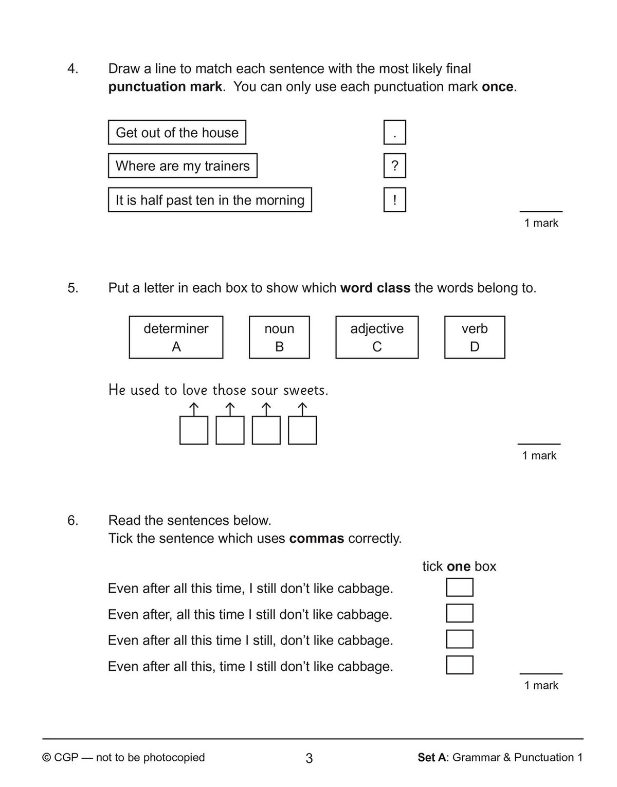 Sample page showing grammar and punctuation questions including word class identification and comma usage