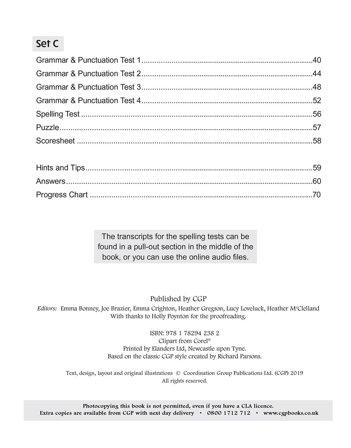 Contents page showing sets of grammar, punctuation and spelling tests with hints, answers and progress chart