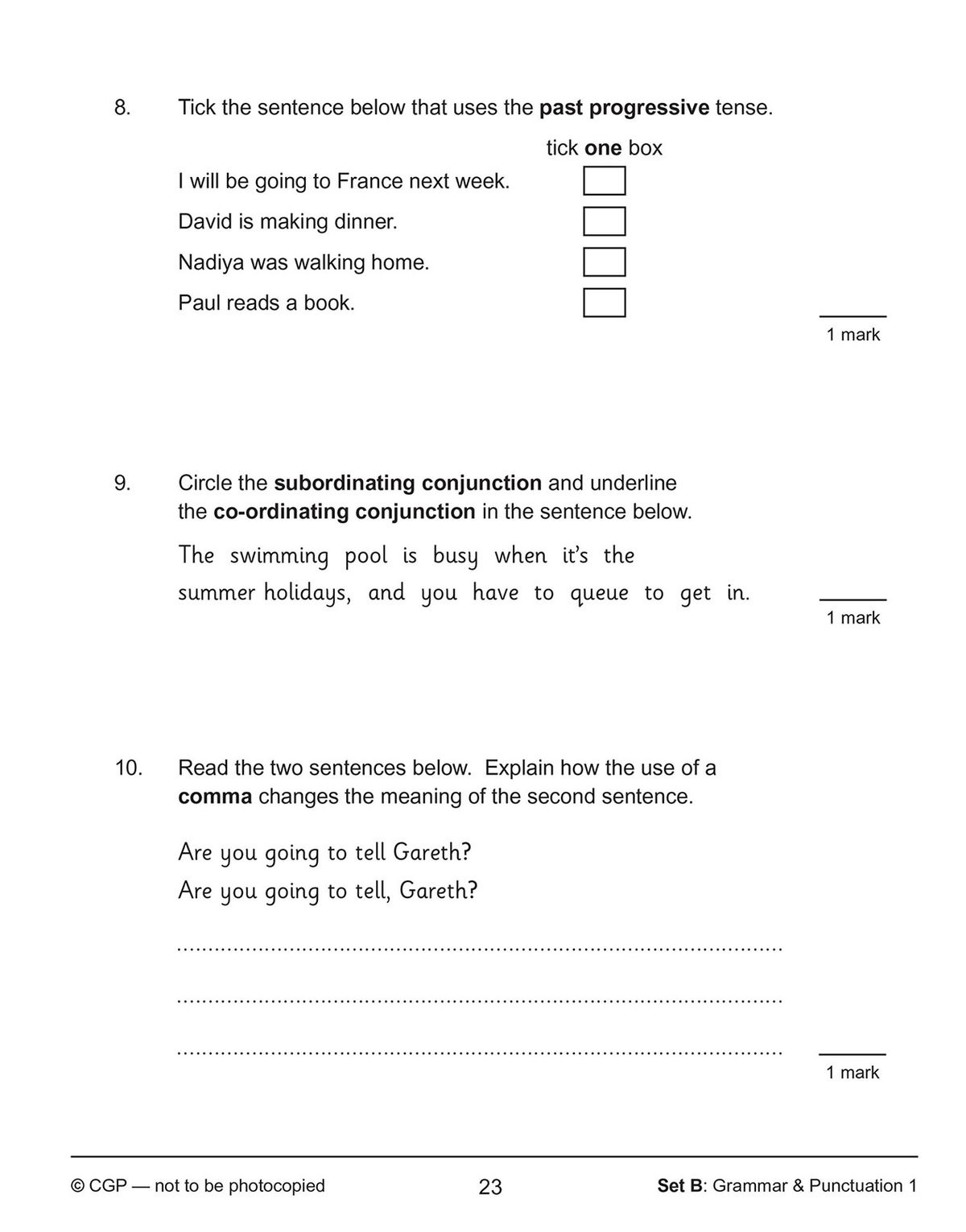 Sample test page showing grammar and punctuation questions from Book 2