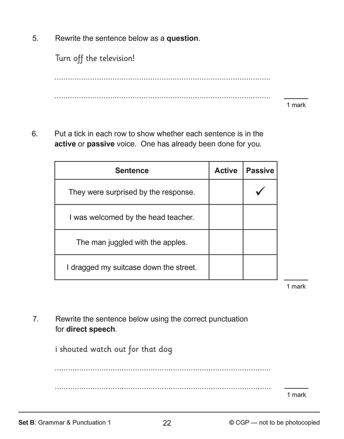 Further sample pages showing active and passive voice questions and direct speech punctuation tasks