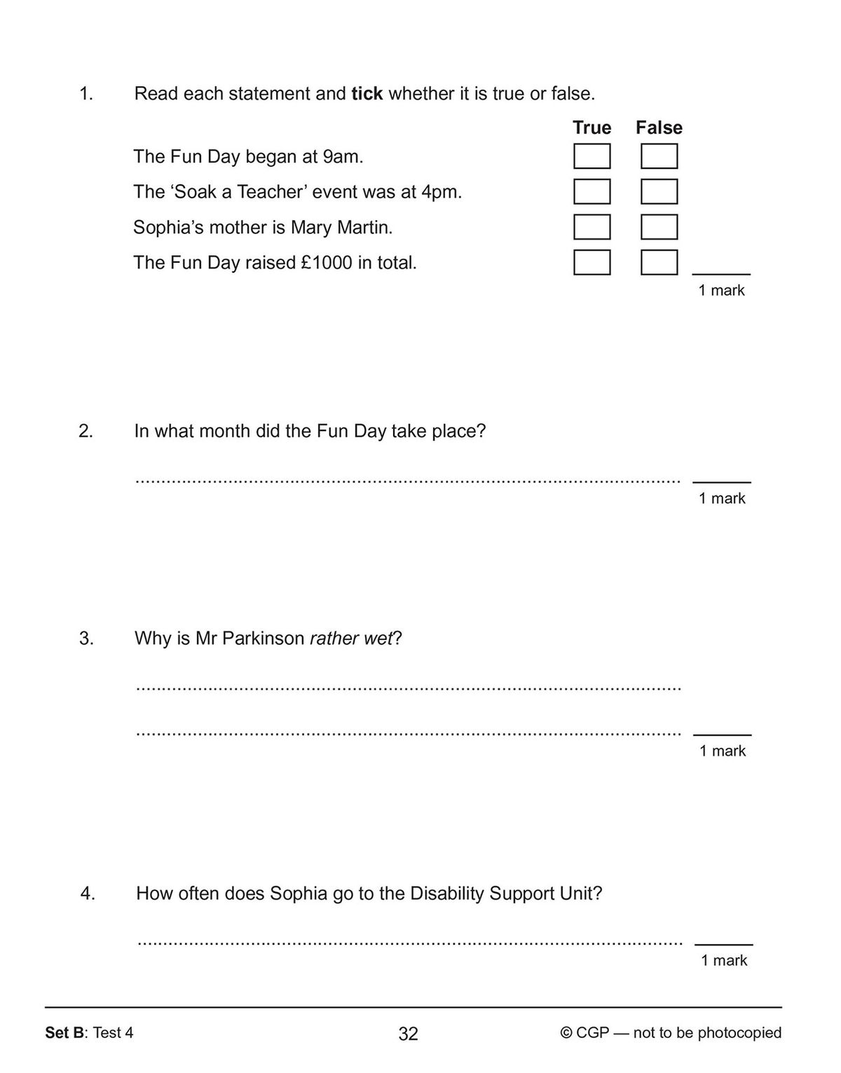 Sample reading comprehension test page showing true/false questions and short answer questions