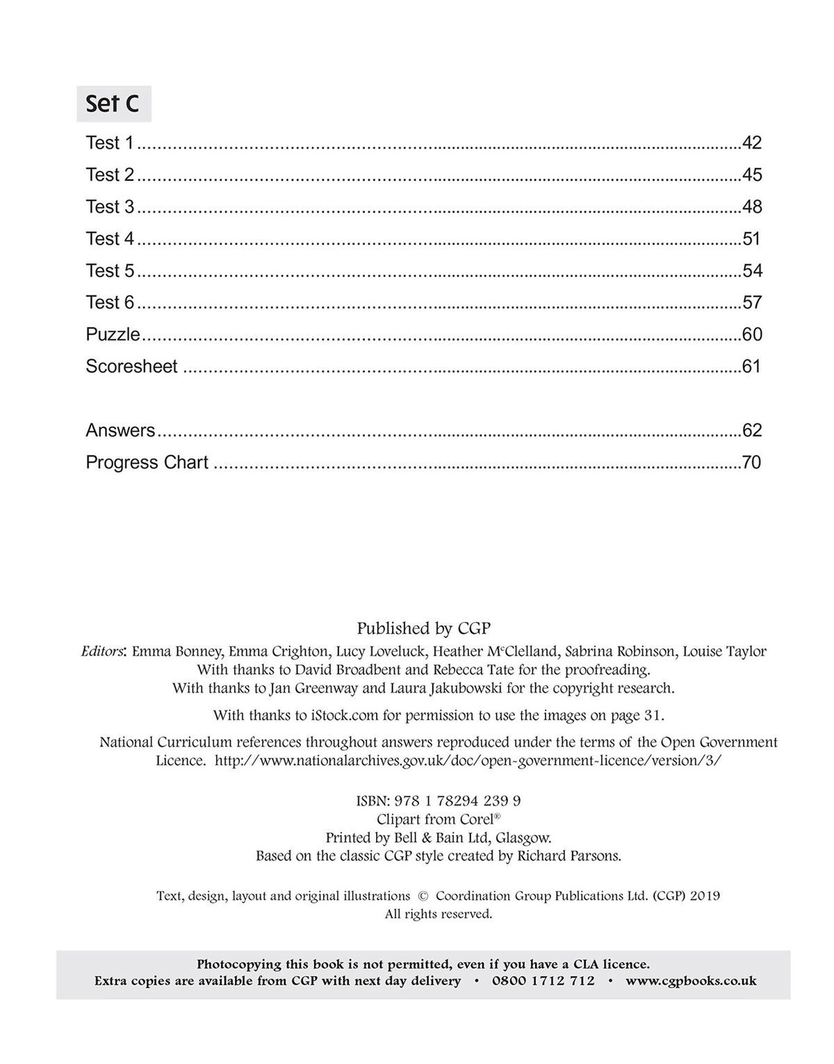 Contents page showing test sets A, B and C with page numbers, puzzle pages, scoresheet, answers and progress chart