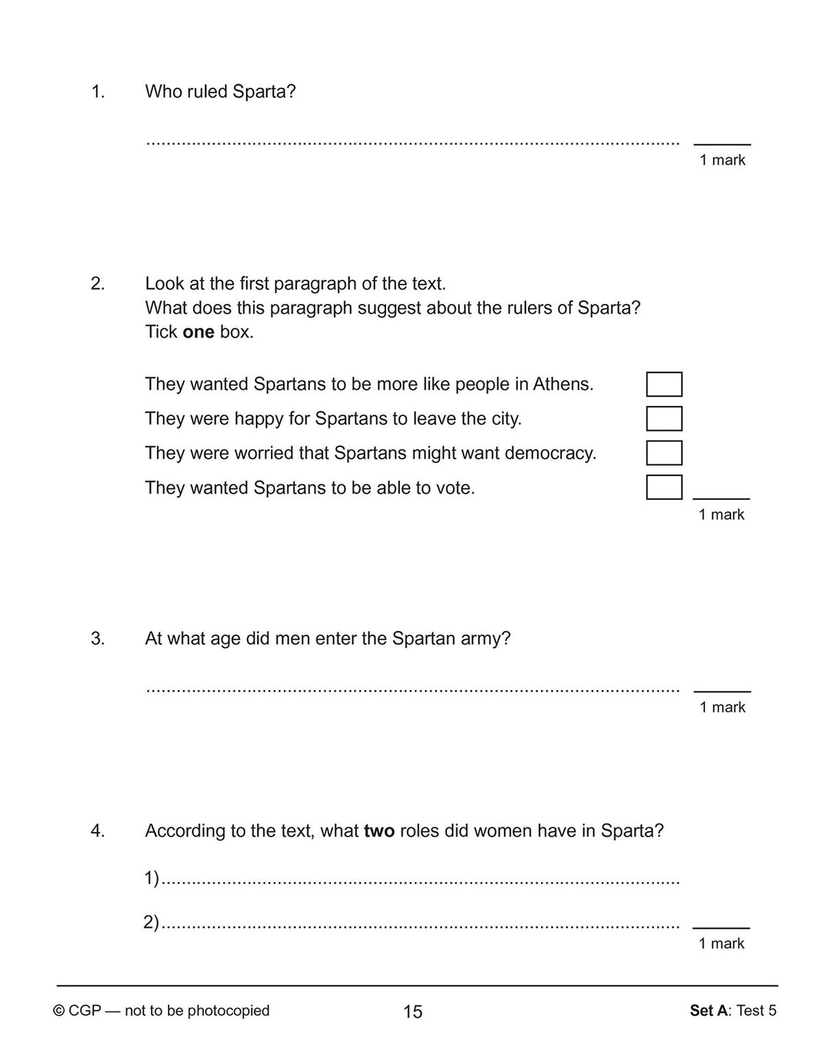 Sample test page showing Spartan Life reading comprehension with six timed questions